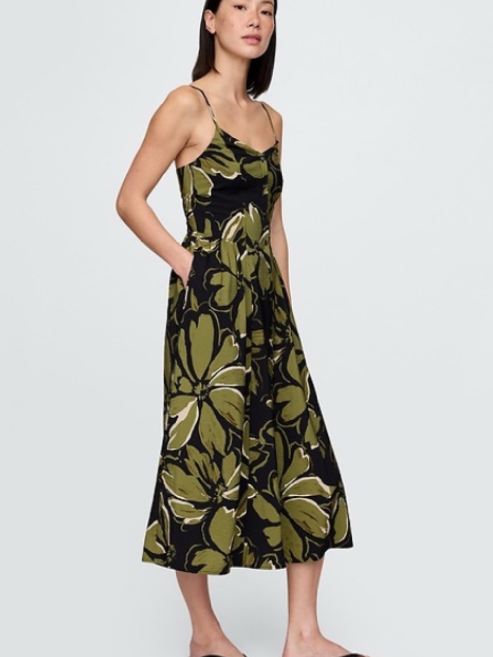 GAP Olive & Black Floral Slip Midi Dress